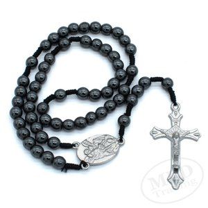 Saint Michael Hematite Bead Rosary, Black Cord, 12" Length, St Michael Center